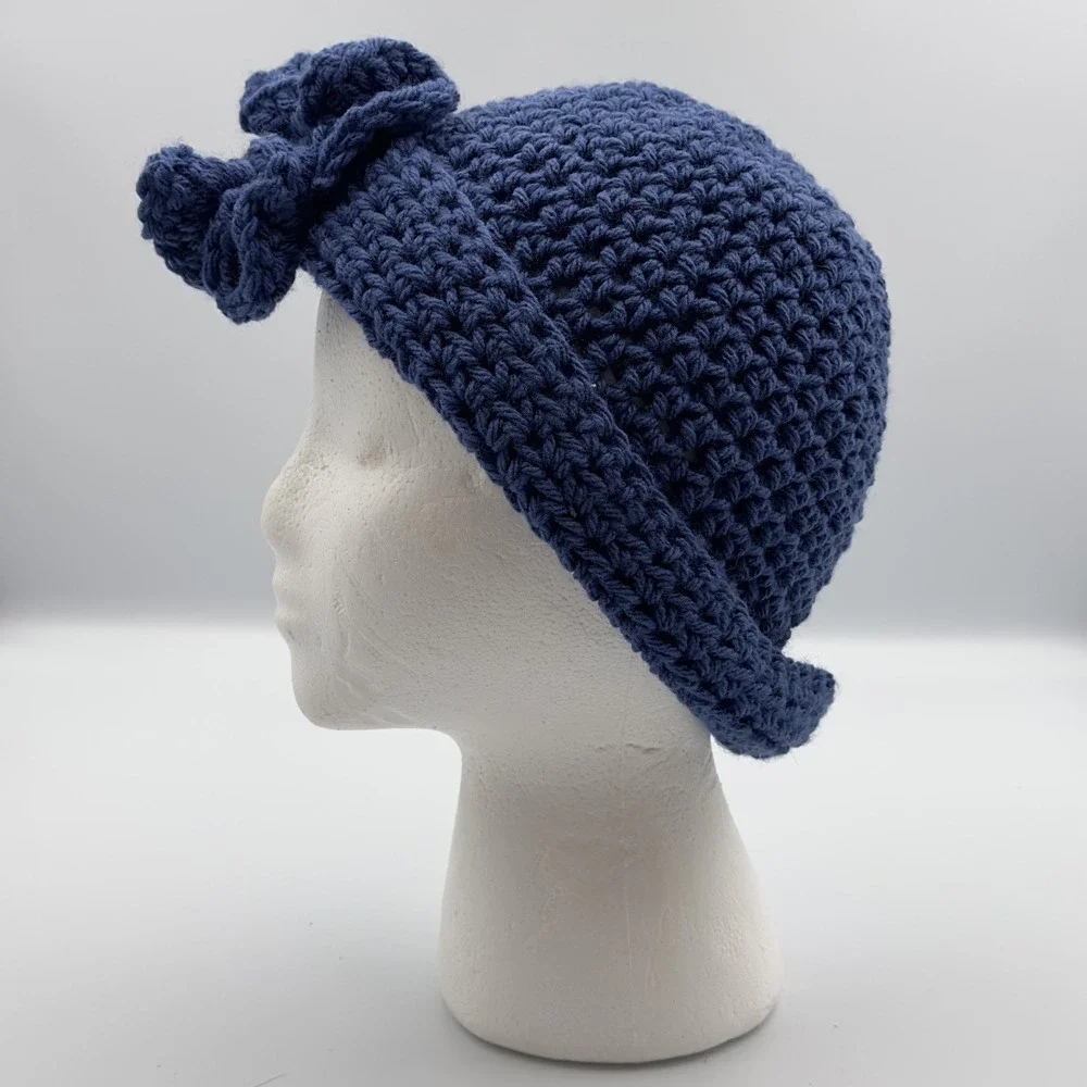 Crochet Handmade Woman's Blue Flower Hat‎ Folded Up